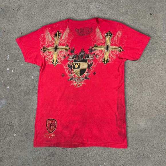 Vintage Y2K Affliction Style Golden Tee Size M Cross Shield Wings Gothic 19x28 - Picture 1 of 8